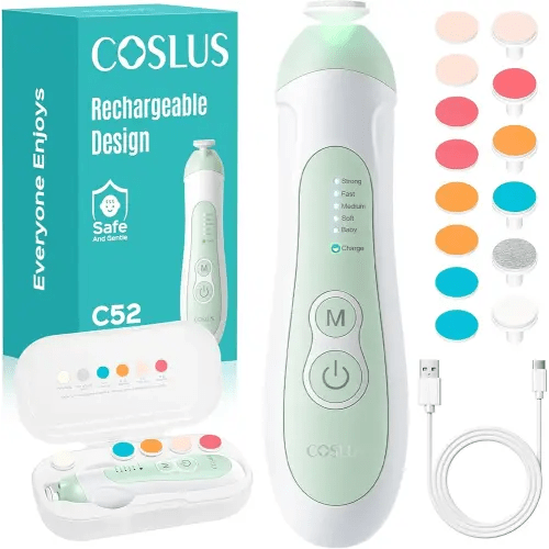 COSLUS Rechargeable Baby Nail File: Cordless Baby Nail Trimmer Electric with 5 Speeds & 6 Grinding Heads for Baby Kid, CPC Certified and Quiet Design - Safe for Sleep Trim Buffer, C52, Green