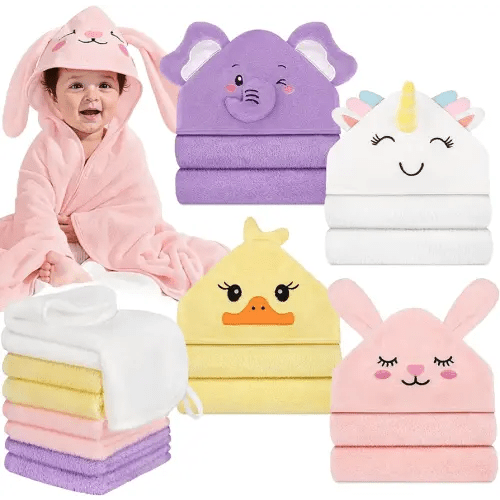 CandyHome 12 PCS Baby Bath Towels for Infants Toddlers, 4 PCS Animal Hooded Baby Towels & 8 PCS Washcloths Set, Ultra Absorbent Soft Cute Newborn Bath Essential Gifts for Boys & Girls