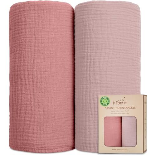 infancie Organic Cotton Muslin Baby Blanket - 47x47 Inch Breathable Swaddle, Hypoallergenic Double-Layer, Versatile Use (Rose/Peach)