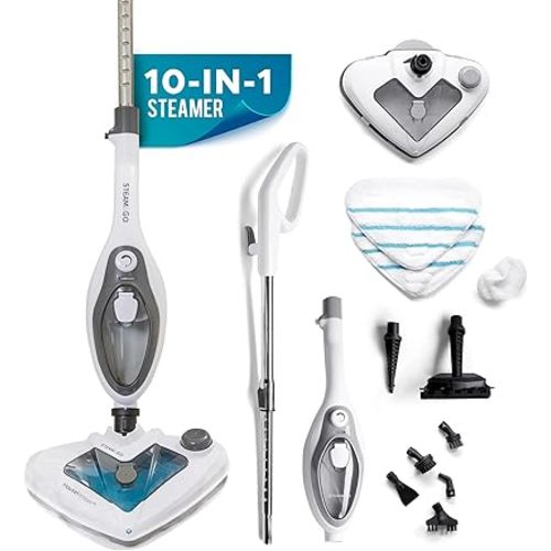 Steam and Go 10-in-1 Steam Mop - Floor Steamer with Detergent Chamber and Detachable Handle for Tile Grout, Clothes, Furniture, Hardwood, Upholstery, & Carpet, Handheld Steam Cleaner for Home Use