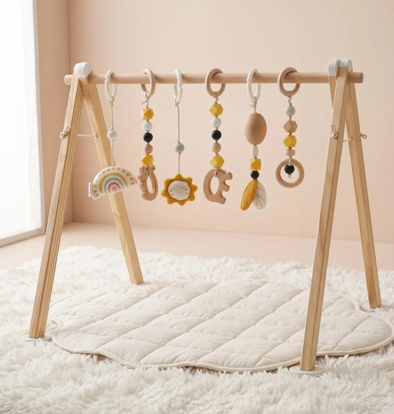 Wooden Sensory Baby Activity Gym with 6 Detachable Toys | labebe®