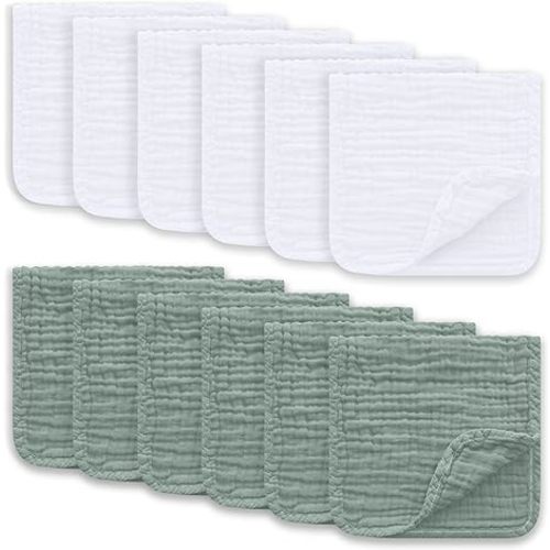 Muslin Burp Cloths Large 100% Cotton Hand Washcloths for Boys & Girls, Baby Essentials Extra Absorbent and Soft Burping Rags for Newborn Registry (White & Green, 12-Pack, 20" X10") - White and Green - 10x20 Inch (Pack of 12)