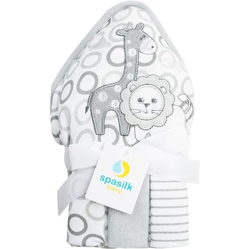 Spasilk Baby Bath Hooded Terry Towel with 3 Washcloths, Baby Bath Essentials, One Size, Gray Lion