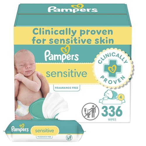 Pampers Baby Wipes, Sensitive, Water Based Wipe, Clinically Proven, Hypoallergenic, and Unscented for Babies, 336 Wipes Total (4 Flip-Top Packs)
