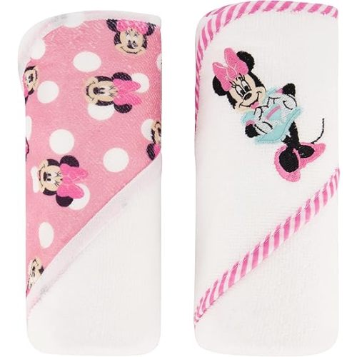 Disney Cudlie Baby Girl Minnie Mouse 2 Pack Rolled/Carded Hooded Towels in Happy Dots Print