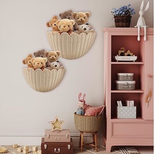2 Pack Scalloped Wicker Wall Baskets Hanging Wicker Baskets Large and Small Decorative Woven Storage Holder for Home Bathroom, 16 x 10.6 x 7 and 14 x 7.9 x 5.7 Inch