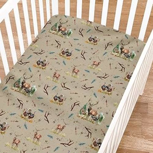 Vintage Deer Hunting Fitted Baby Crib Sheet for Boys 52"x28" Turkey Hunting Crib Mattress Cover Wild Animals Hunter Soft Breathable Nursery Baby Bed Sheet for Standard Crib and Toddler Mattresses
