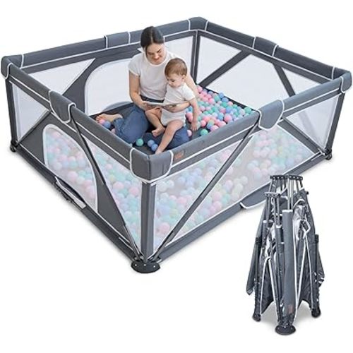 Yobear Foldable Baby Playpen (71"x59") - Portable Play Yard for Babies and Toddlers with 50 Ocean Balls, 2 Pull Handles & Carry Bag - Easy Setup Safe Indoor Outdoor Kids Activity Center (Dark Grey)