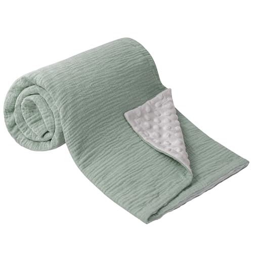Bearmoss Baby Blankets for Unisex Boys Girls, Soft Nursery Crib Blankets with Muslin Cotton Front and Dotted Fleece Back for Newborns Toddlers 30x40inch (Sage Green)