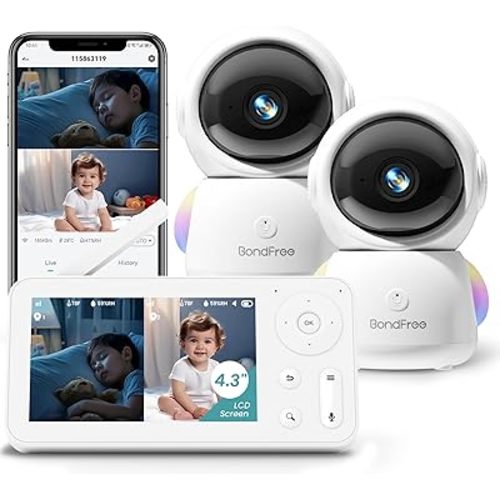 BondFree 2K Baby Monitor with 2 Cameras and Audio, Baby Monitor no WiFi RGB Night Light, Baby Monitor WiFi Smartphone 2.4G for Nursery, Pet, Elderly, 355° Rotation, Work with Alexa Google Home
