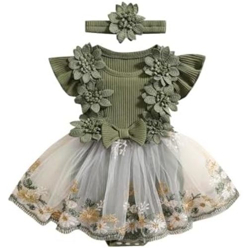 Douhoow Baby Girl Dress Romper Baby Romper Dress Flowers Embroidery Tulle Skirt Infant Girl Summer Clothes with Headband