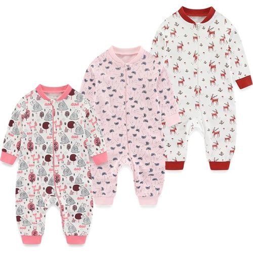 Newborn Baby 2-way Zipper Romper Cotton One-piece Jumsuit 3-pack, 0-24 Months