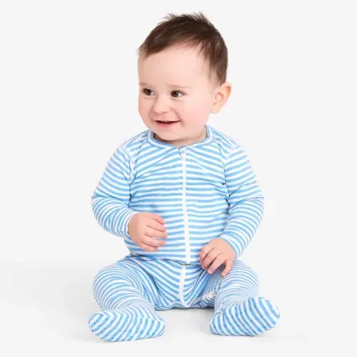 Organic zip footie in blue stripe | Primary.com