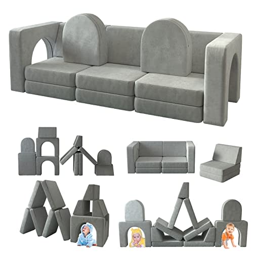 wanan Kids Couch 12PCS, Modular Kids Play Couch for Playroom Bedroom, 12 in 1 Multifunctional Kids Sofa for Playing, Creativing, Sleeping, Indoor Toddler Couch for Boys and Girls(Grey)