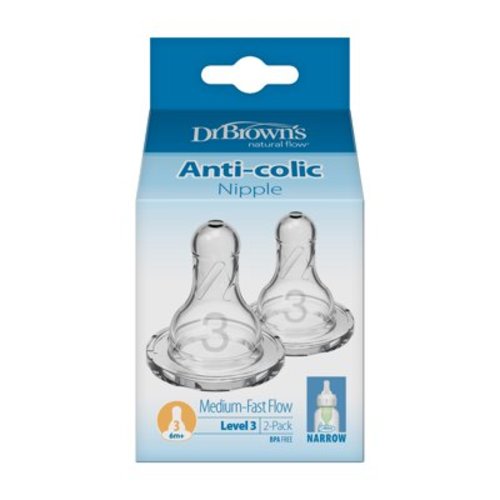 Dr. Brown's Natural Flow Level 3 Narrow Baby Bottle Silicone Nipple, Medium Flow, 3m+, 100% Silicone Bottle Nipple, 2-Pack