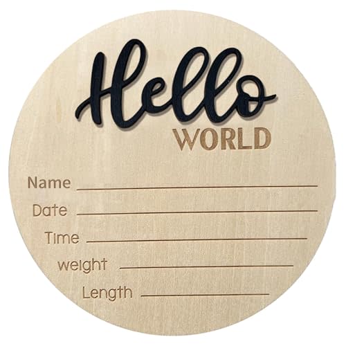 Baby Announcement Sign, 5.9 Inch Wooden Hello World Newborn Sign Birth Announcement Signs, Hello World Nursery Decor Sign & Photo Prop for Baby, Newborn Boys and Girls Gift(Black)