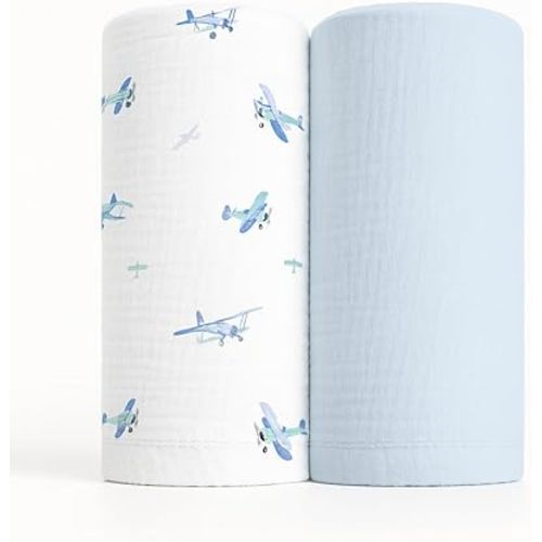 Soft 100% Cotton Swaddles for Newborns, 2- Pack - Large, Breathable Baby Blanket - Versatile, Durable Muslin Swaddle Blankets - Perfect Newborn Essentials (Airplane/Blue)