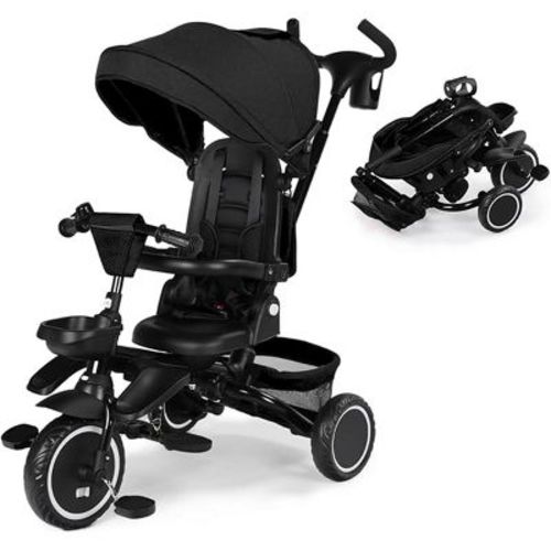 Kinder King 8 in 1 Kids Baby Stroller Tricycle Folding Toddler Trike w/Adjustable Push Handle, Gray