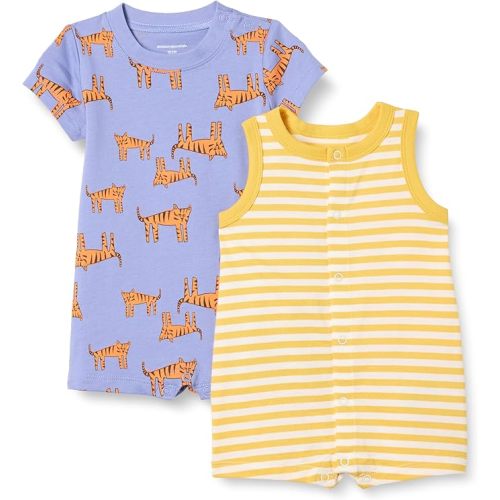 Amazon Essentials Unisex Babies' Sleeveless and Short-Sleeve Romper Set, Pack of 2