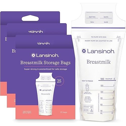 Lansinoh Breastmilk Storage Bags, 75 Count, Baby Essentials, Fast Freeze & Thaw Breast Milk Bags for Baby Bottle Feeding, Superior Strength & Stretch, 6 Ounce