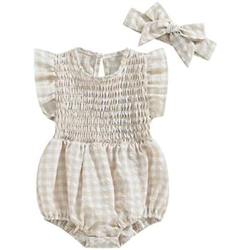 Infant Baby Girl Summer Outfit Clothes Sleeveless Smocked Cotton Linen Romper with Headband