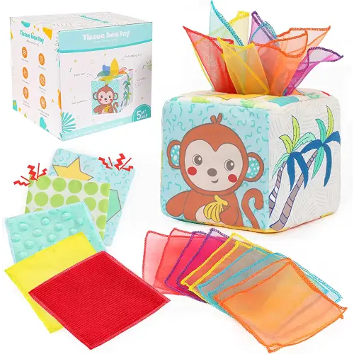 Frogprin Baby Tissue Box Toy, Montessori Toy for Babies 6-12 Months, Pull Along Magic Sensory Toys with 10 Silk Scarves, 3 Stuffed Tissues & 2 Crinkle Paper for Babies Newborns Toddlers & Infants Gift