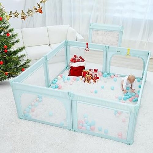 Doradotey Baby Playpen, Shape Adjustable Large & Small Baby Playard for Babies and Toddlers, Foldable Playpen Baby Fence Indoors Play Center Yards, Breathable Mesh Anti-Fall Play Pens(71x79 Green)