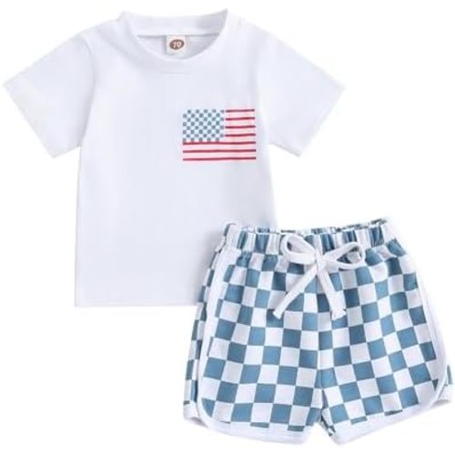 Baby Boy 4th of July Summer Outfit American Flag Short Sleeve T Shirt + Checkered Shorts Toddler 2PCS Clothes Set