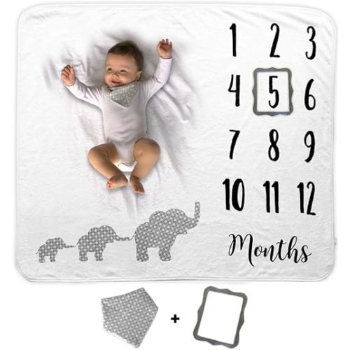 Baby Monthly Milestone Blanket | includes Bib and Picture Frame | 1 to 12 Months | Premium Extra Soft Fleece | Best Photography Backdrop Prop for Newborn Boy & Girl (Elephant Blanket)