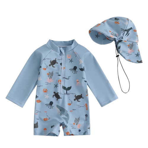 Gubotare Baby Swimsuit Boy Toddler Baby Boys Swimsuit Long Sleeve One Piece Zipper Bathing Suit Swimwear Rash Guard with Sun Hat 12 18 Months (Grey,6-12 Months)