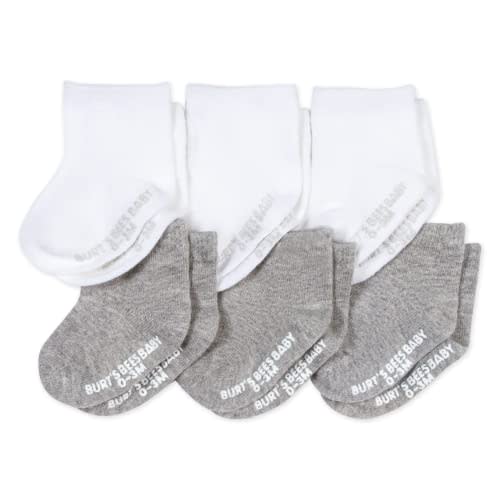 Burt's Bees Baby Unisex Baby Socks Ankle or Crew Height Made with Soft Organic Cotton, 6 Packs with Non-Slip Grips for Babies