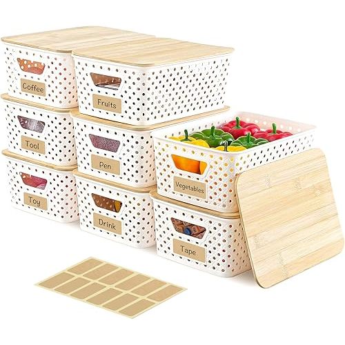 8 Pack Plastic Storage Bins with Bamboo Lids - Stackable Storage Baskets with Handle for Pantry Organizer and Storage, Plastic Containers Bins Lidded Storage Bins for Classroom Office Shelves