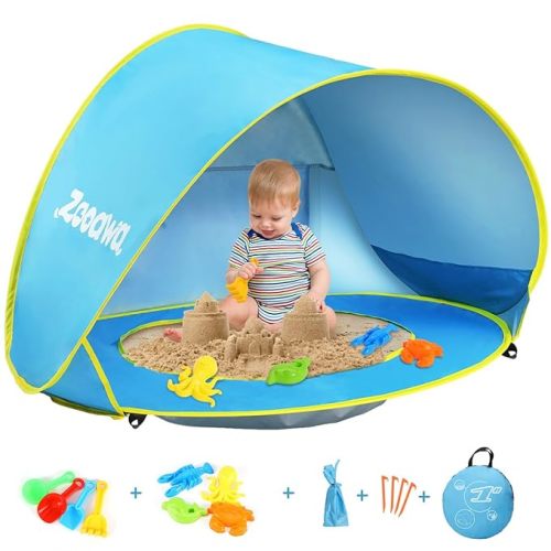 Zooawa Baby Beach Tent, Pop Up Tent Canopy Sun Shelter for Babies, UV Protection Beach Puddle Pool Sun Shelter, Portable Sun Shade with Sand Toys Set, Infant Baby Kids Camping Summer Outdoor Must Have - Blue