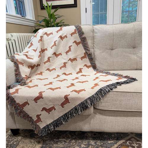 DACHSHUND BLANKET Weiner Sausage Dog Gift Woven Blanket, Weiner Dog Mom Lightweight Throw, Gift for Dog Lovers, 100% Cotton Made in USA