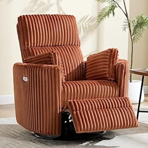 Power Recliner,Nursery Swivel Glider Rocking Chair with USB Port,Upholstered Adult Electric Recliner Rocking Chair with 2 Pillows for Living Room Bedroom (Orange Corduroy, Power-Driven)