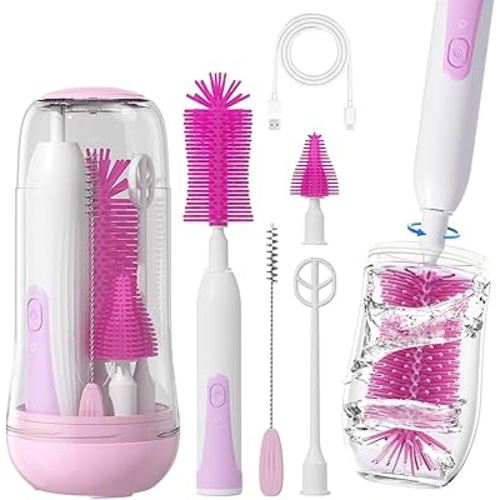Electric Baby Bottle Brush Set, Portable Electric Bottle Brush Cleaner with Replaceable Silicone Bottle Brushes,Nipple and Straw Brush, Travel Bottle Brush Set with Drainage Rack and Storage Box