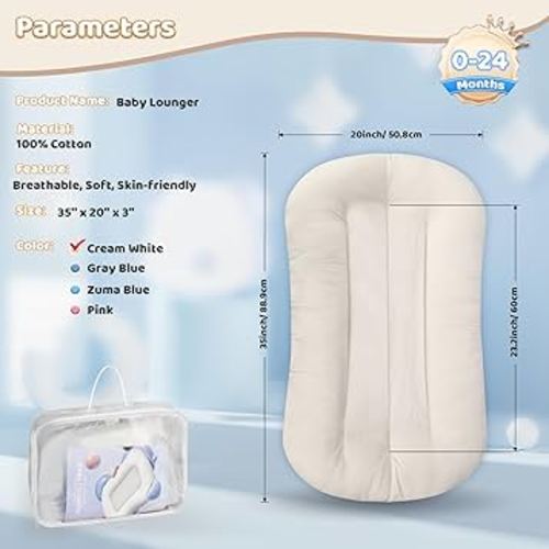 Baby Lounger - Baby Lounger for Newborn, 0-24 Months, Infant Lounger for Home and Travel, Soft Cotton, Baby Nest Lounger, Newborn Babies Essentials Gifts, White (Lounger Cover Included)