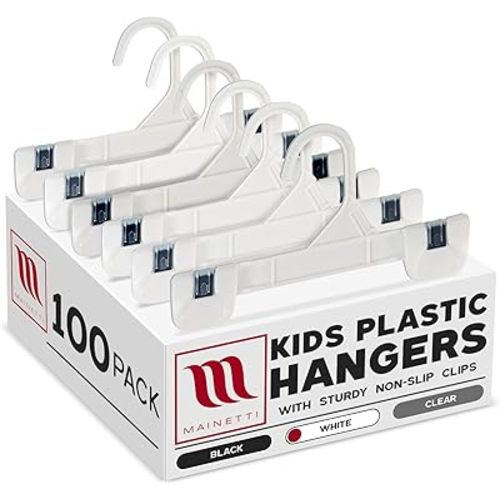 Mainetti 1004 White Kids Plastic Hangers - 100 Pack with Sturdy Plastic, Great for Pants/Skirts/Slacks/Bottoms, 8-Inch