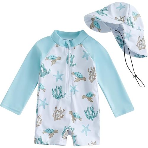 ZyHwShine Toddler Infant Baby Boy Swimsuit Newborn Rash Guard Boys Girls One Piece Zipper Bathing Suit Swimwear with Hat