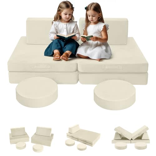 MeMoreCool Kids Couch, Warm Ivory Modular Foam Play Couch, Ages 3+ | Convertible foam sofa, warm ivory solid color, 8 foldable modular pieces, machine-washable cover, kids playroom couch