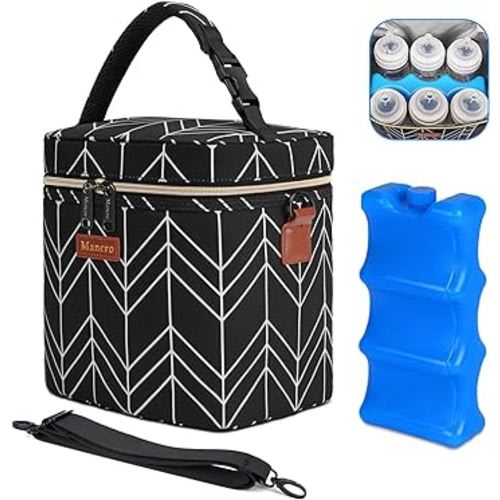 Mancro Breastmilk Cooler Bag, Insulated with Ice Pack, Fits 6 Baby Bottles Up to 9 Oz with On-The-Go Strap, Perfect for Nursing Moms and Daycare, Black Wave