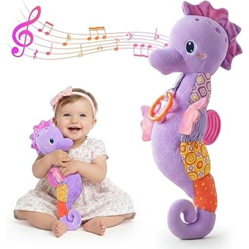 Baby Toys 0-6 Months,Infant Musical Seahorse Stuffed Animals Sensory Toys with Bright Colors,Multiple Textures,Rattles & Crinkle Sound Paper,Tummy Time Toy for Newborn Boys Girls 0-12 Months-Purple