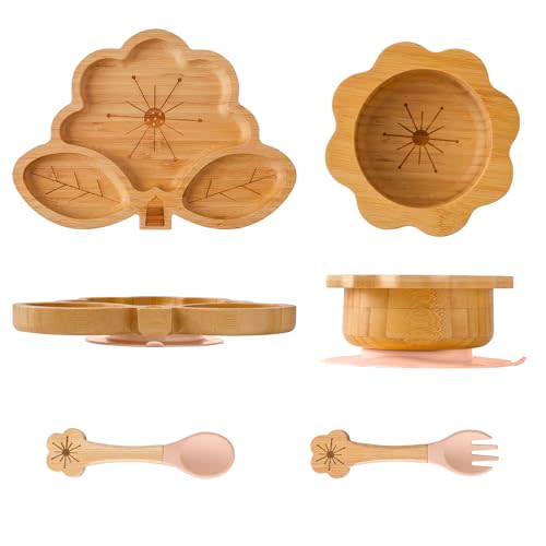 Bamboo Suction Plates Bowls Set for Baby Toddler - Includes Bamboo Bowl, Divided Plate, Silicone Fork & Spoon, All-Natural Baby Feeding Set for Baby-Led Weaning