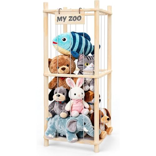 Stuffed Animal Storage Zoo Organizer – Wooden Toy Holder for Toddlers, Cute Plush Toy Cage for Kids’ Room, Playroom & Bedroom, Space-Saving Nursery Organizer with Personalized Nameplate