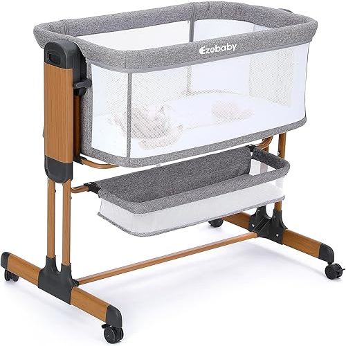 Ezebaby Bassinet Bedside Sleeper, Rocking Bassinet for Baby, Adjustable Baby Bedside Bassinet with Wheels, Storage Basket and Mesh Sides, Portable Baby Bassinets Bedside Sleeper for Newborn Infant