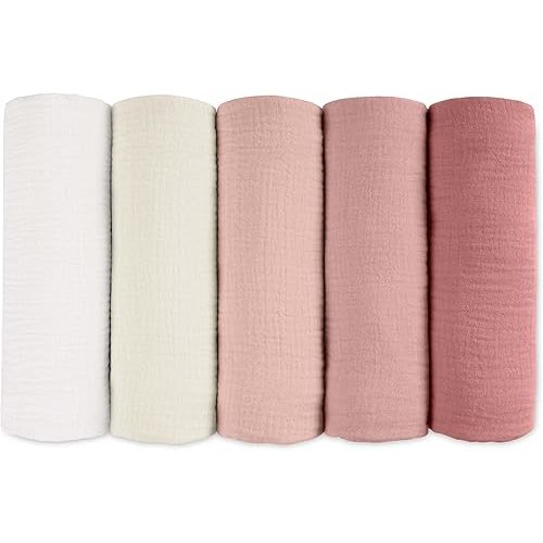 Muslin Receiving Blankets, Neutral Blanket Swaddling for Newborn Boys and Girls, 5 Pack Breathable and Skin-Friendly Swaddle Wrap for Infant Baby (Sweet Colors)
