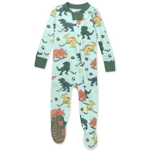 HonestBaby Baby Celebration Non-Slip Footed Pajamas One-Piece Sleeper Zip-Front Pjs 100% Organic Cotton, Dino Mite Athlete Eggs