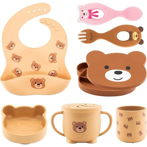 Silicone Baby Feeding Set 7 Pcs, Baby Led Weaning Supplies, Baby Feeding Supplies Set BPA Free, Baby Essentials for Newborn Gift Bear