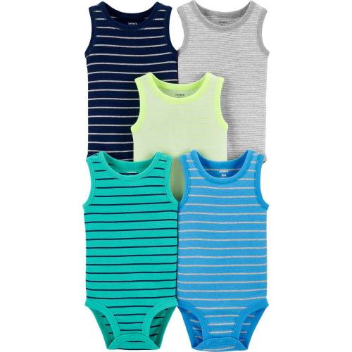 5-Pack Striped Tank Bodysuits - Navy/Turquoise/Heather/Neon Yellow - 9M