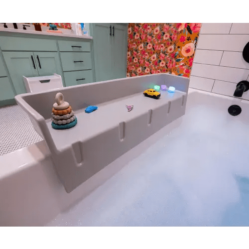 Tub Topper® Bathtub Splash Guard Play Shelf Area - Toy Tray Caddy Holder Storage - Suction Cups Attach to Bath Tub - No Mess Water Spill in Bathroom - Fun for Toddlers Kids Baby (Gray)